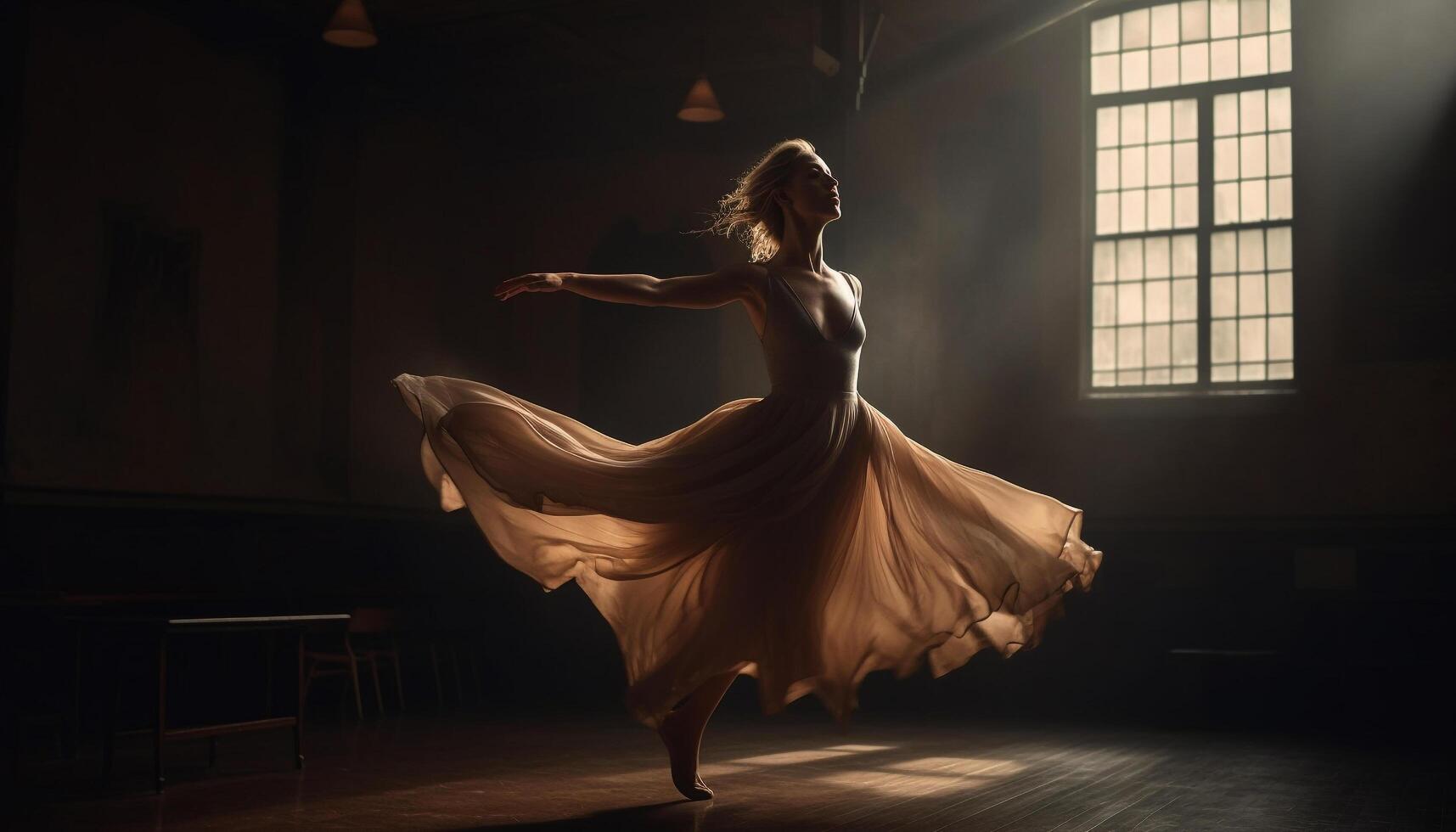 Elegant ballet dancer performs on stage with grace generated by AI photo