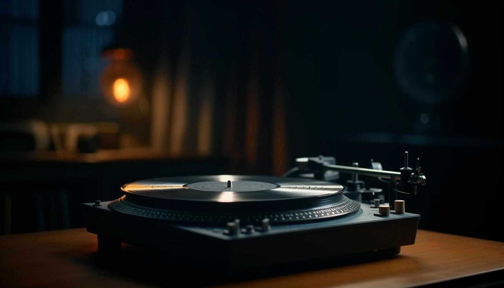 Old fashioned gramophone spinning on wooden turntable generated by AI photo