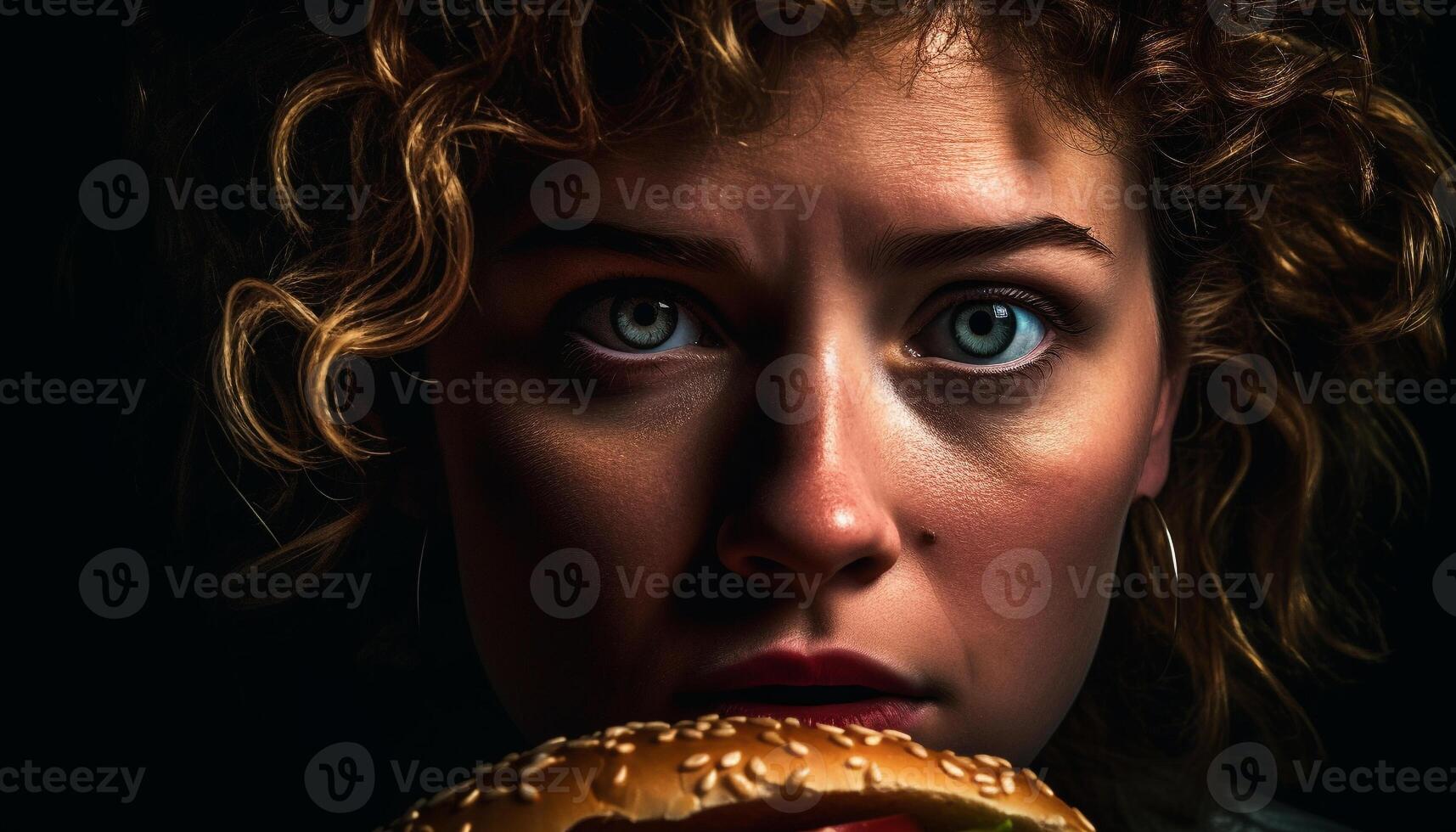 Curly haired woman smiles holding unhealthy cheeseburger meal generated by AI photo