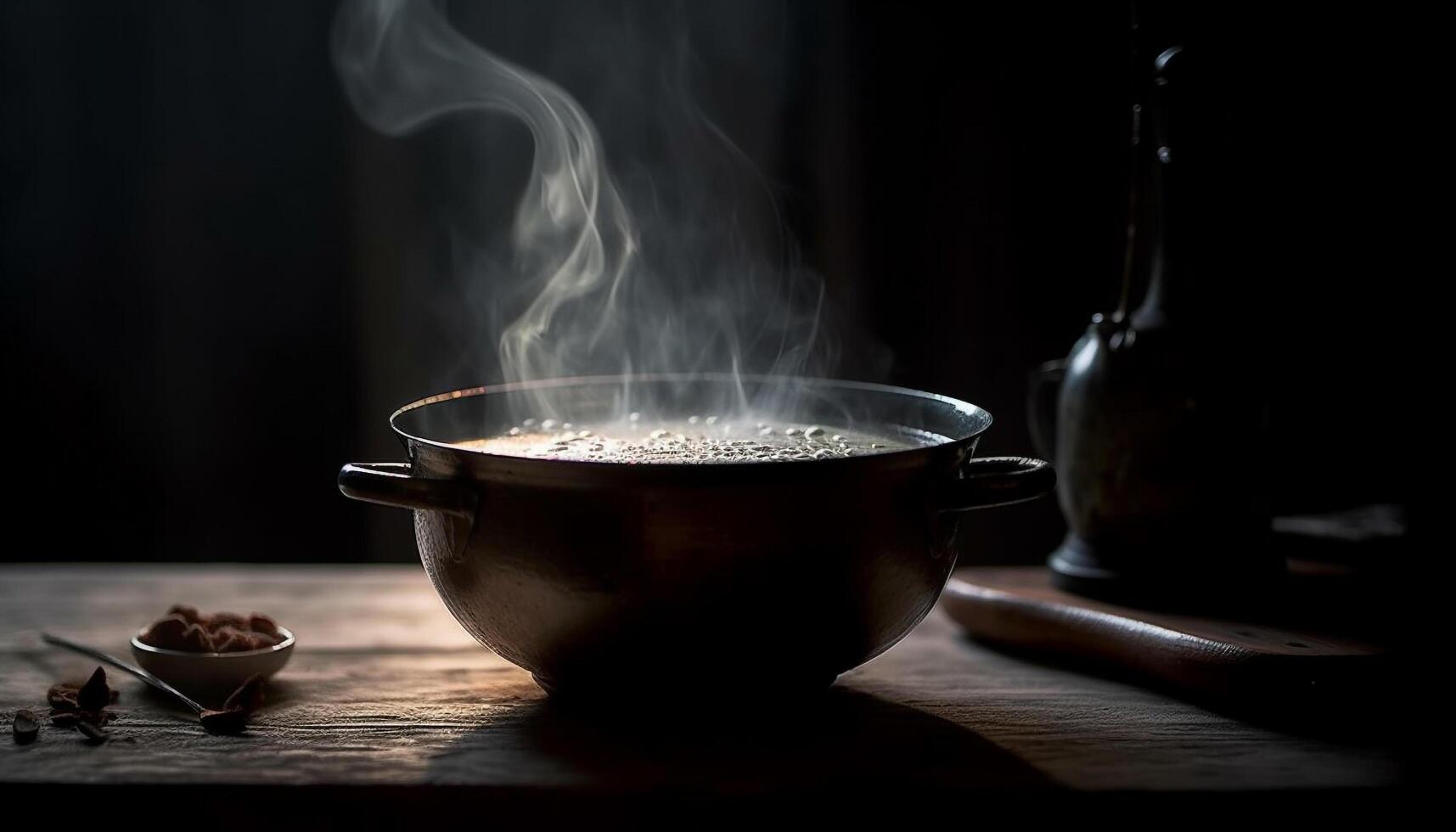 Steaming hot soup on rustic wooden table generated by AI photo