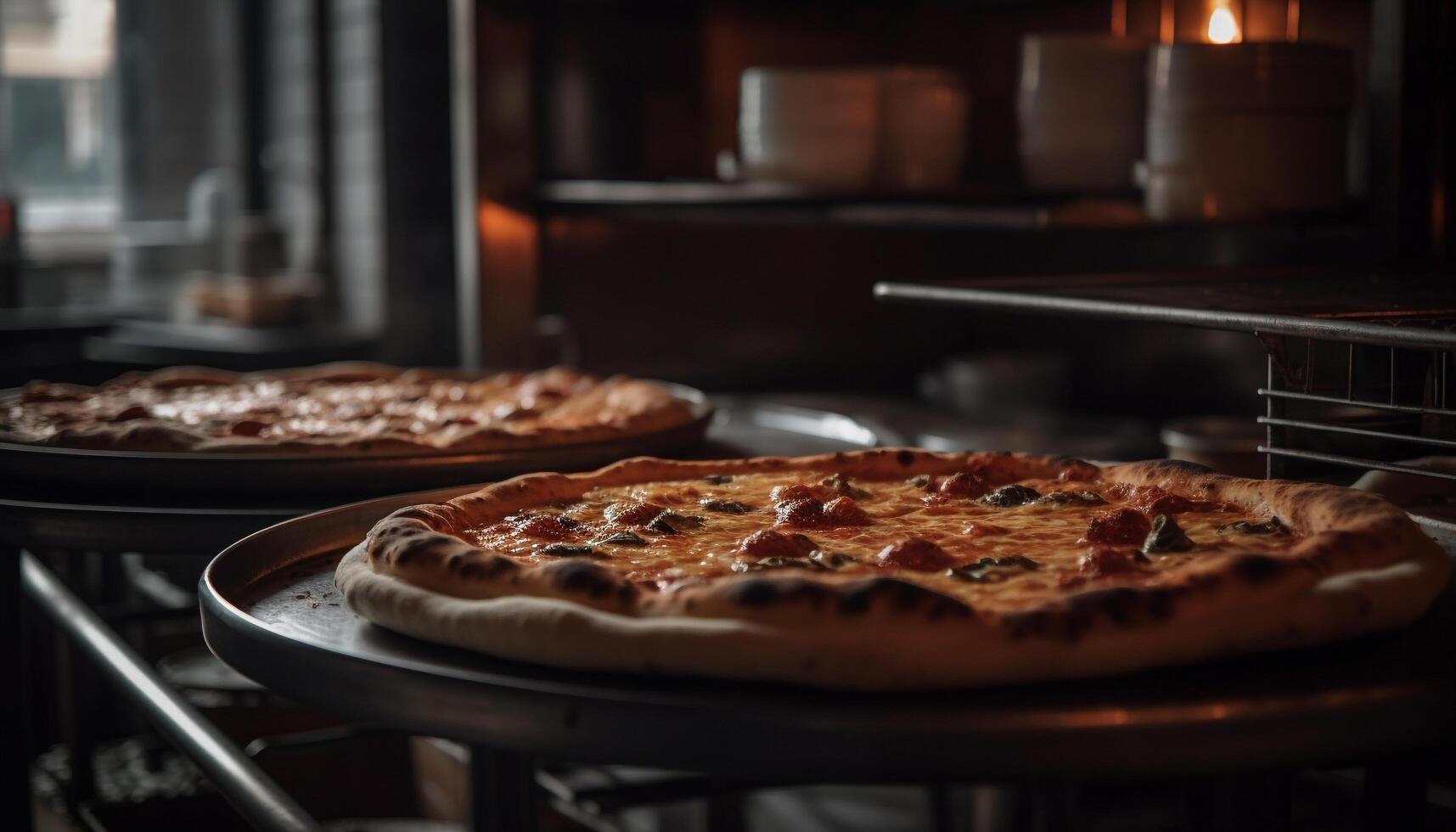 Freshly baked gourmet pizza on rustic plate generated by AI photo