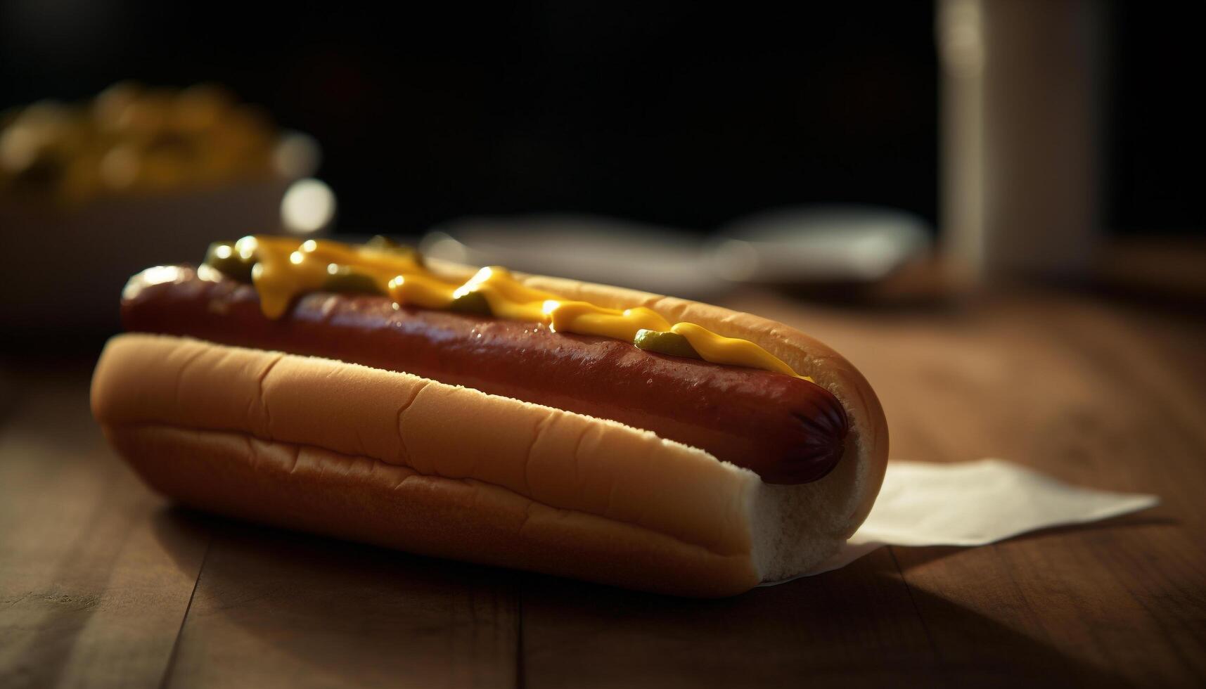 Grilled beef hot dog on rustic wood plate generated by AI photo