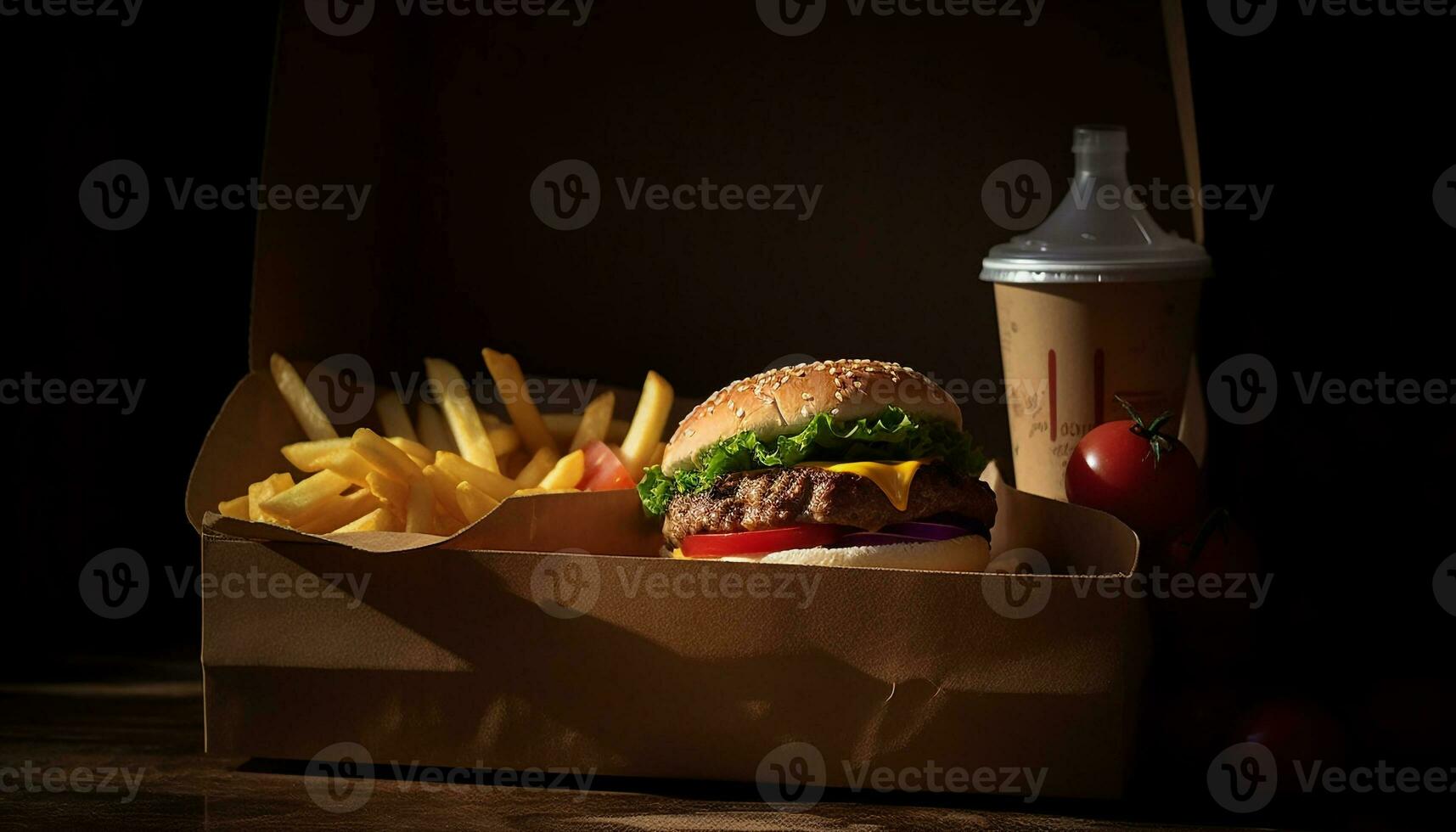 Grilled beef burger with cheese and fries generated by AI photo