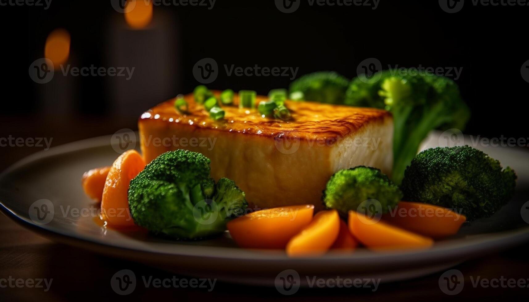 Grilled broccoli and carrot plate, healthy lunch option generated by AI photo