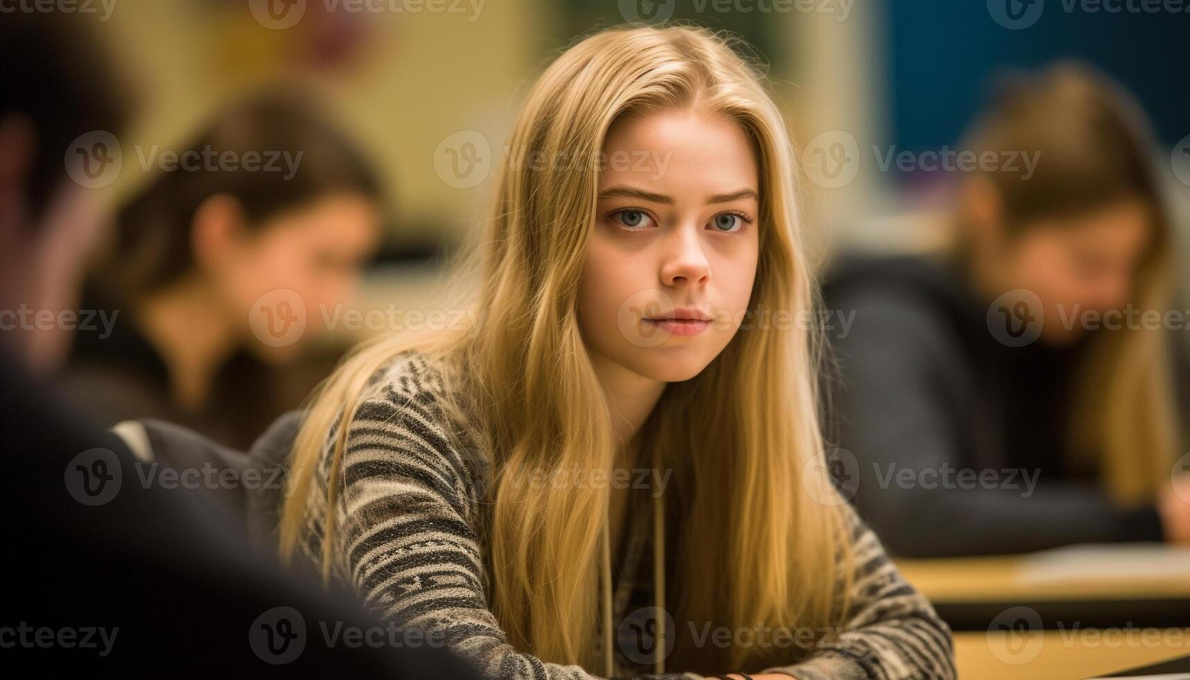 Smiling students in classroom, learning and studying generated by AI photo