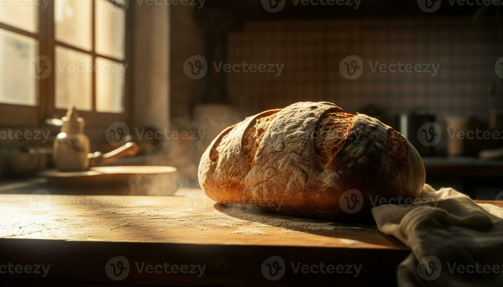 recién horneado un pan en rústico de madera mesa generado por ai foto
