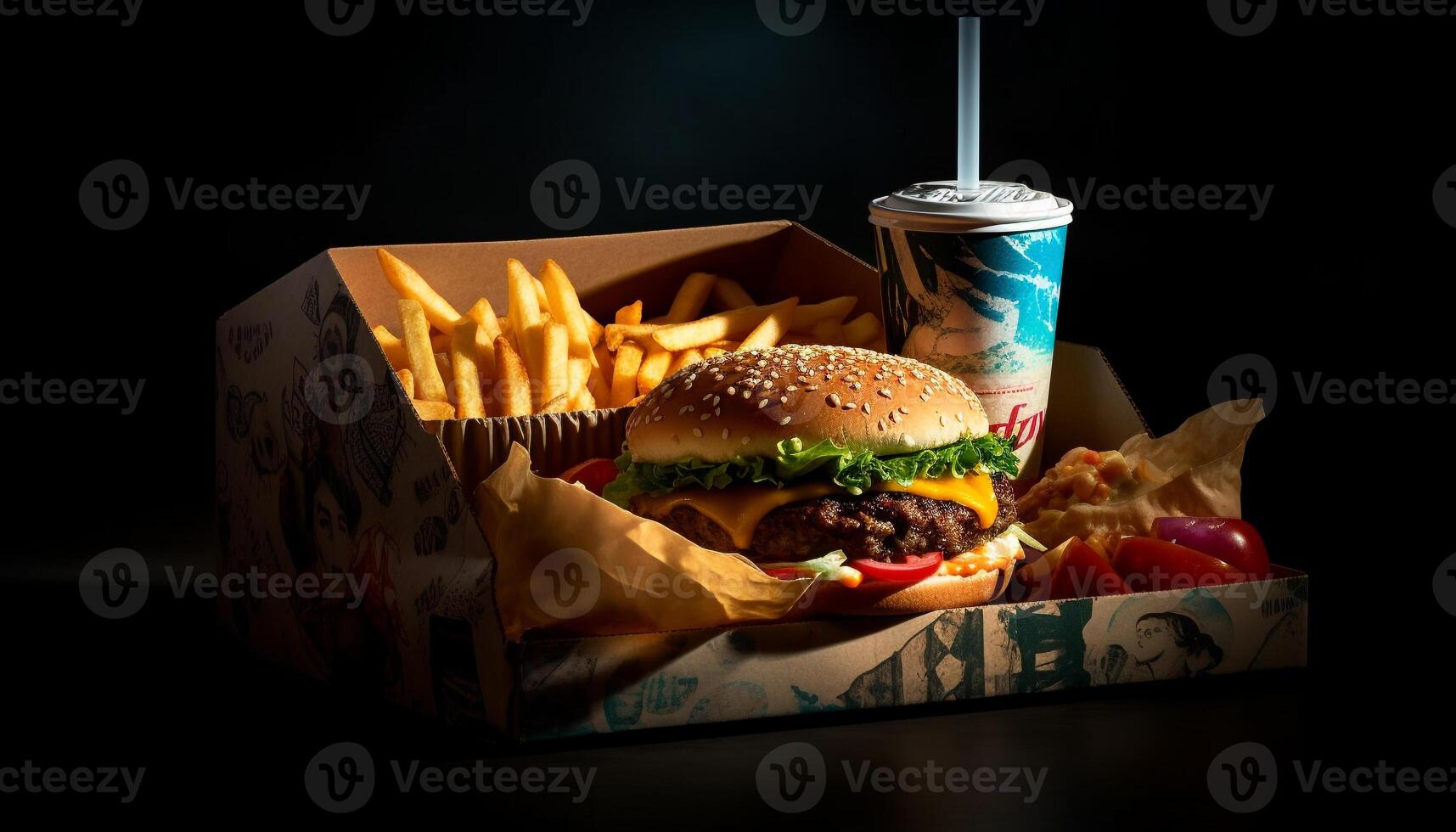 Grilled beef burger, fries, and cola meal generated by AI photo