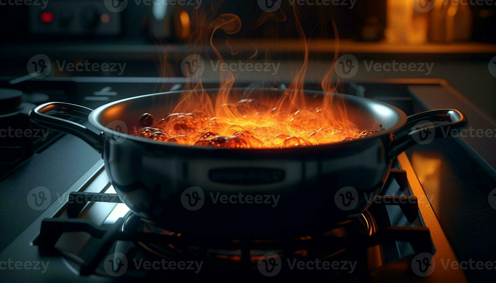 Flame on stove top heats cooking pan generated by AI photo