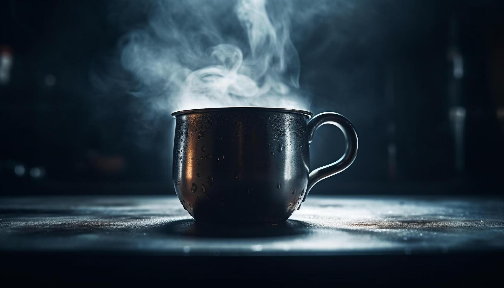 Rustic coffee mug on wooden desk steams generated by AI photo