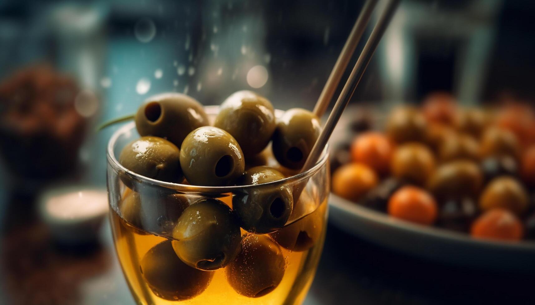 Fresh green olives adorn martini cocktail glass generated by AI photo