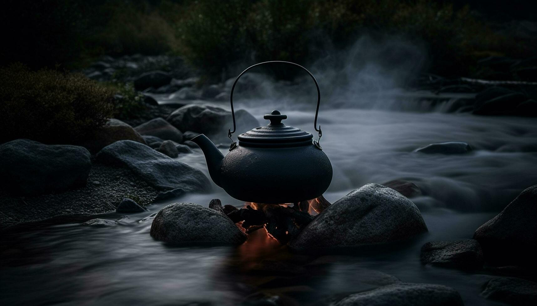 Boiling teapot on campfire, brewing fresh tea generated by AI photo