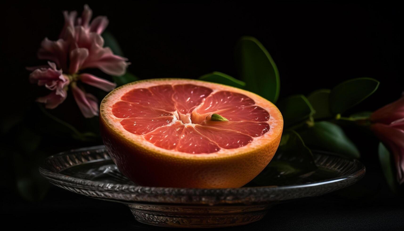 Juicy citrus slices on wooden table indoors generated by AI photo