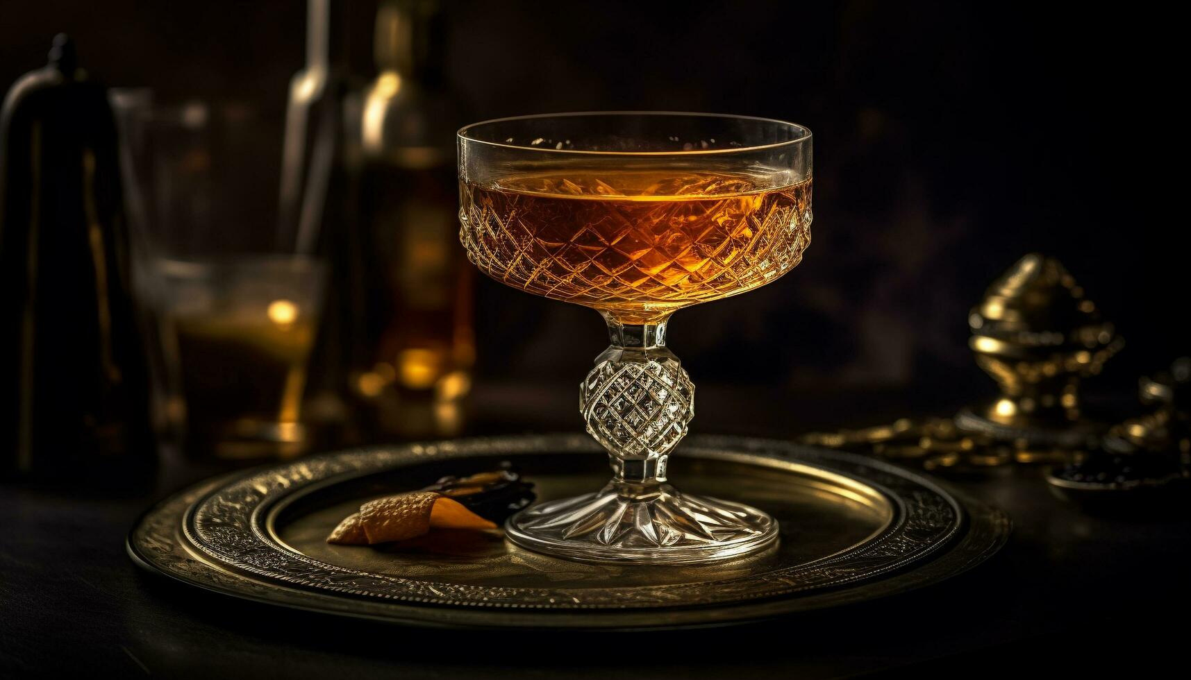 Luxury whiskey table, gold reflection, old fashioned elegance generated by AI photo