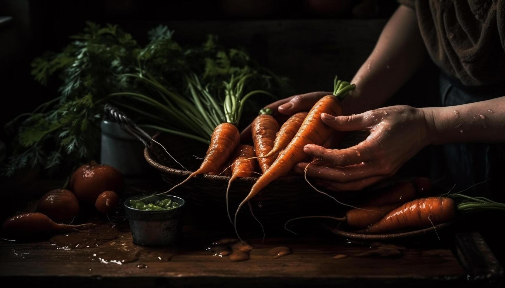 Rustic hand holds fresh organic root vegetables generated by AI photo