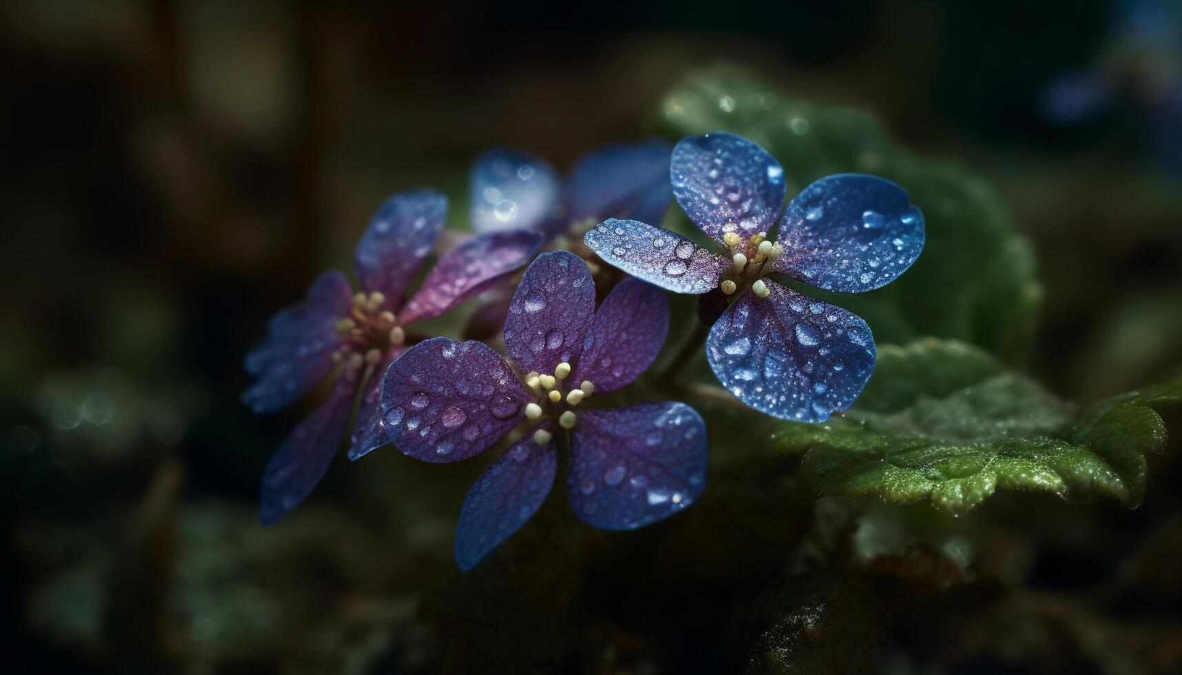 Purple petal, wet with dew, in forest generated by AI photo