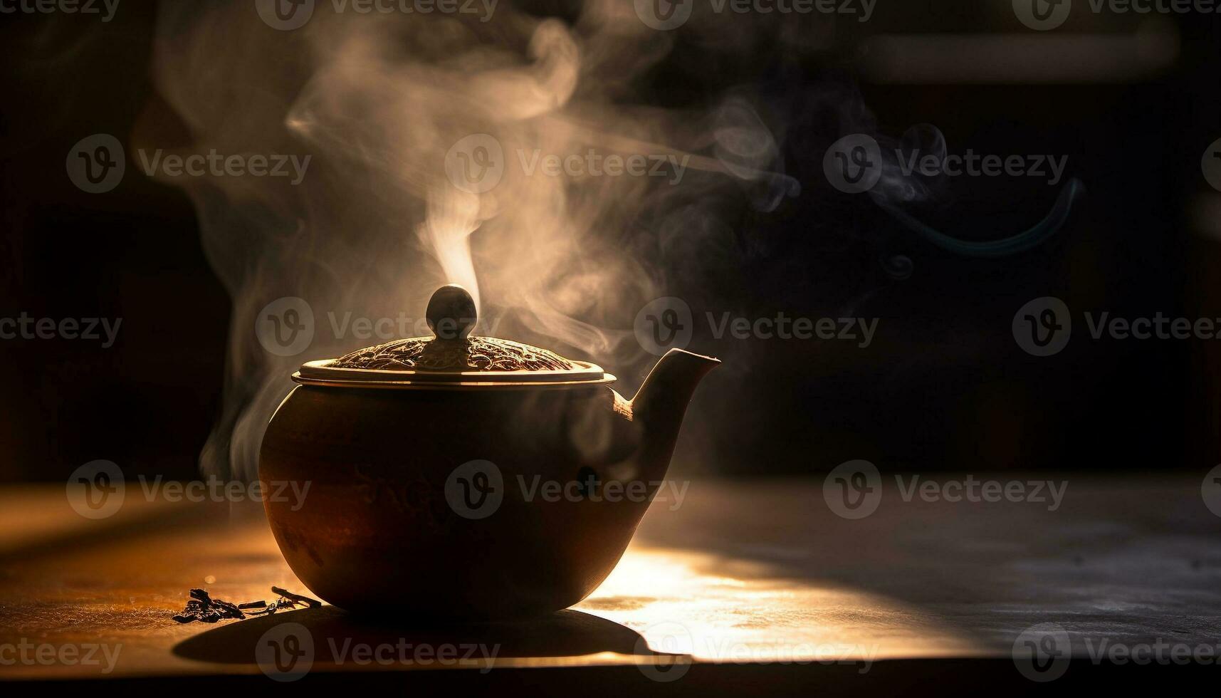 Hot tea steams from old fashioned teapot on table generated by AI photo