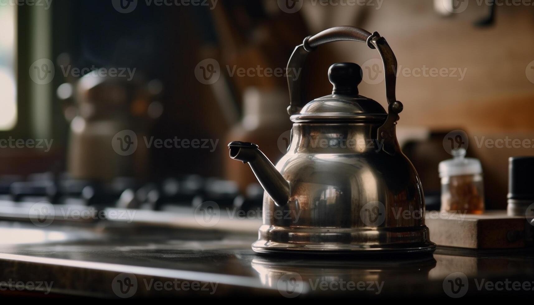 brillante acero batería de cocina departamento, hirviendo tetera vapores generado por ai foto