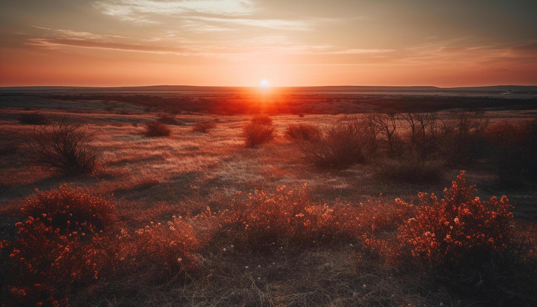 Vibrant sunrise over tranquil meadow and forest generated by AI photo