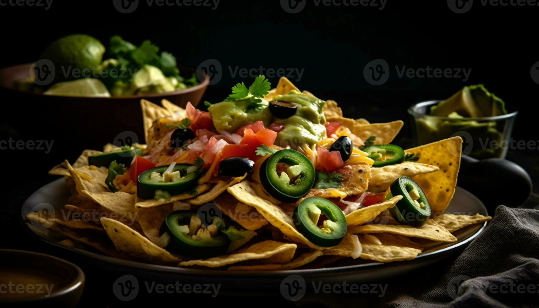 Fresh guacamole on a crunchy tortilla chip generated by AI photo