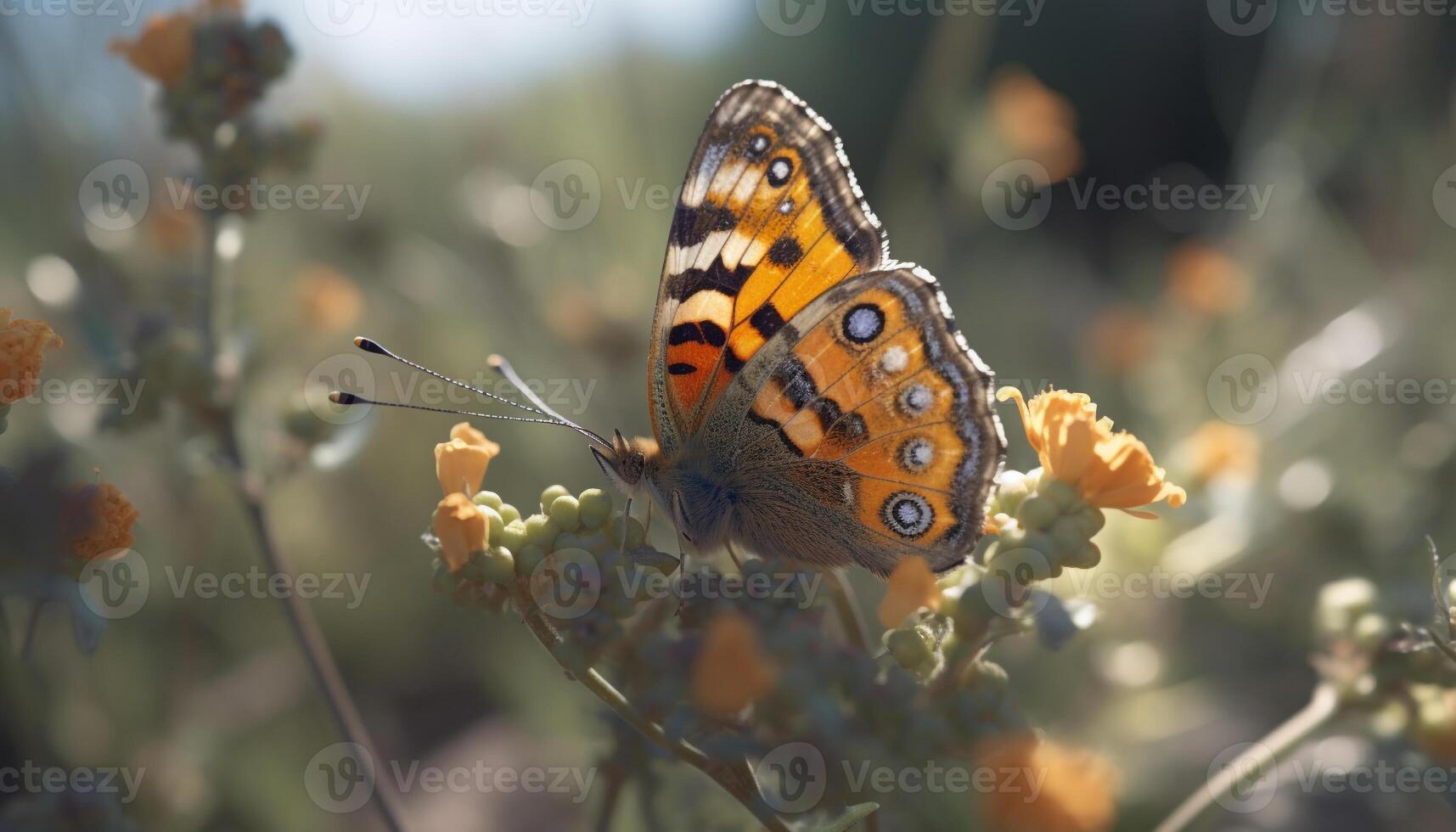 Vibrant butterfly perches on delicate orange blossom generated by AI photo