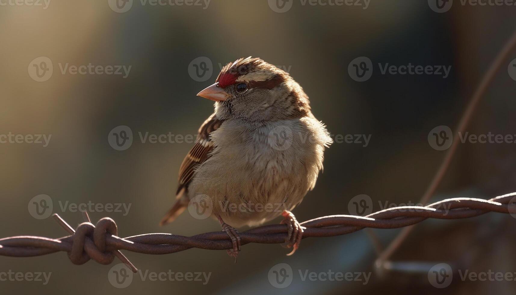 Sparrow perching on branch, looking at camera generated by AI photo