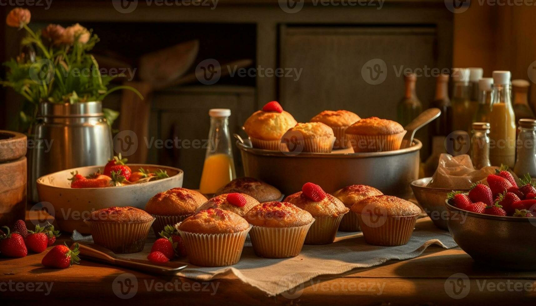 Freshly baked homemade muffins, gourmet indulgence indoors generated by AI photo
