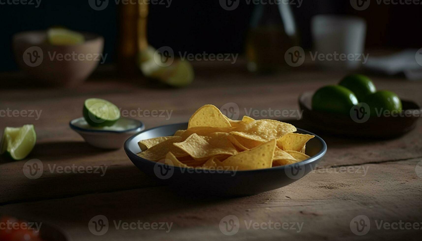 Fresh guacamole on wooden table with tortilla chips generated by AI photo