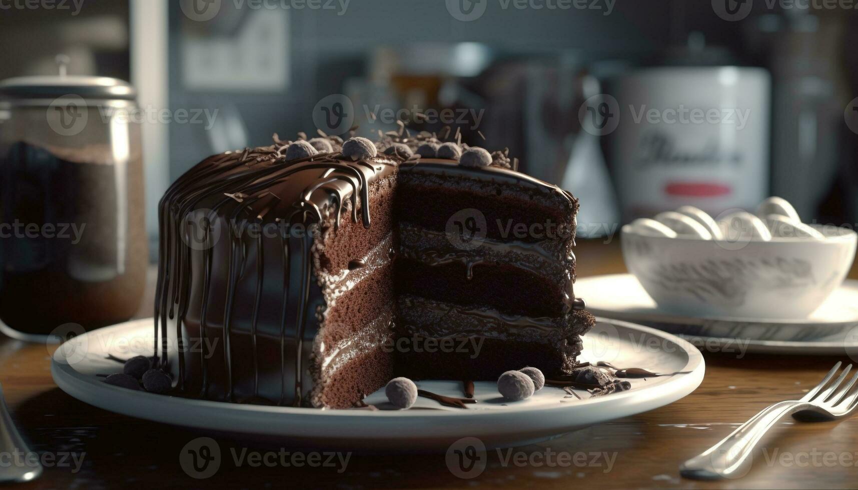 A decadent slice of homemade chocolate cake generated by AI photo