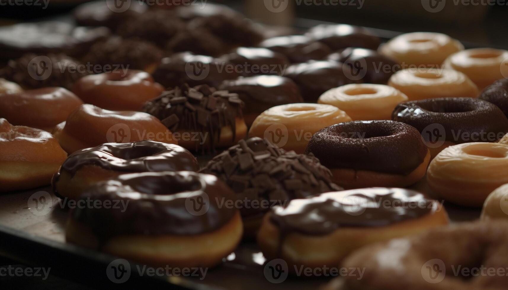 Indulgent homemade donuts stacked on rustic table generated by AI photo