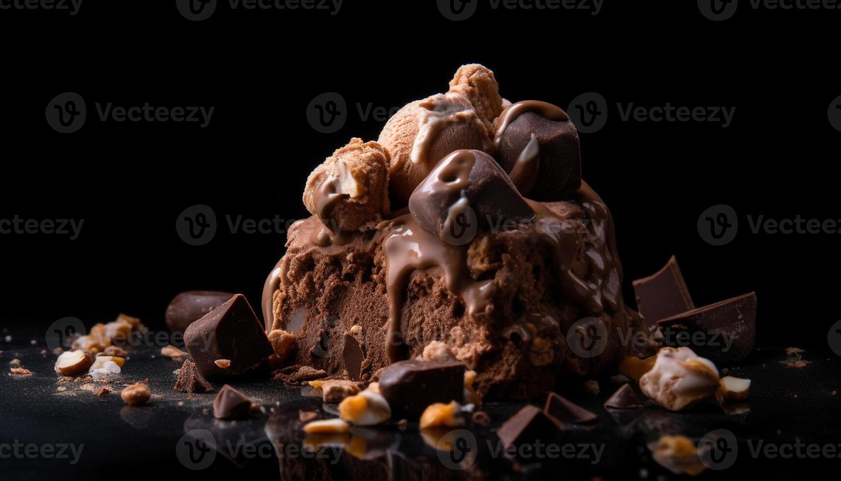 indulgente oscuro chocolate Dulce de azúcar rebanada en plato generado por ai foto