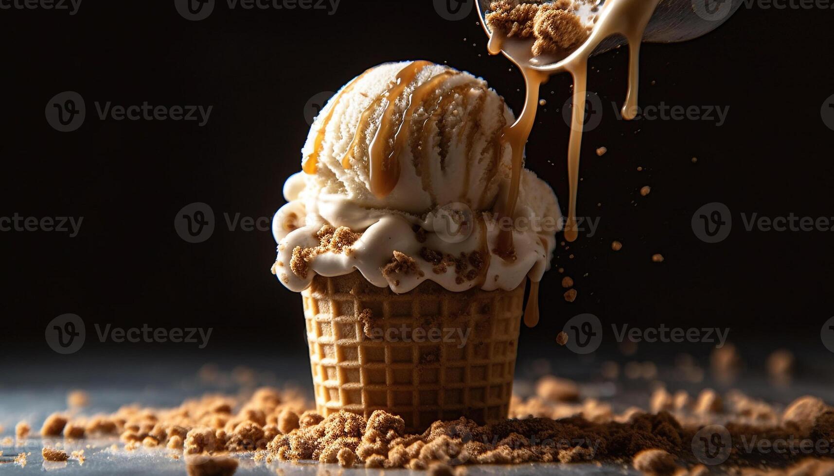 Indulgent ice cream cone, dripping with sweetness generated by AI photo