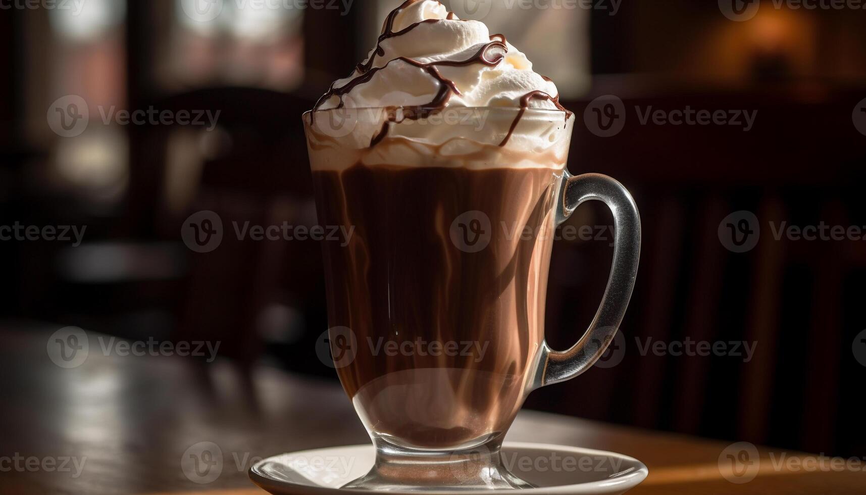 Frothy coffee shop drink on wooden table generated by AI photo