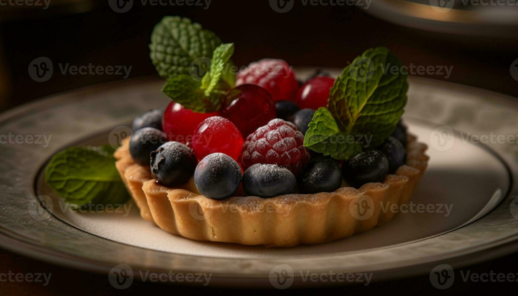 Fresh berry tart with mint leaf decoration generated by AI photo