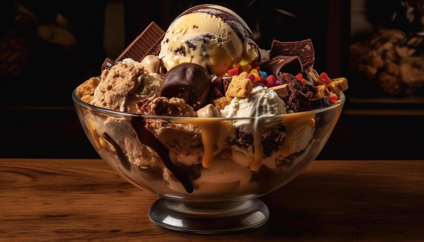 Sweet food indulgence on wooden table decoration generated by AI photo