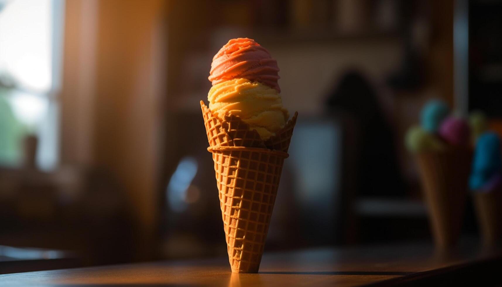 Sweet food indulgence on wooden table indoors generated by AI photo