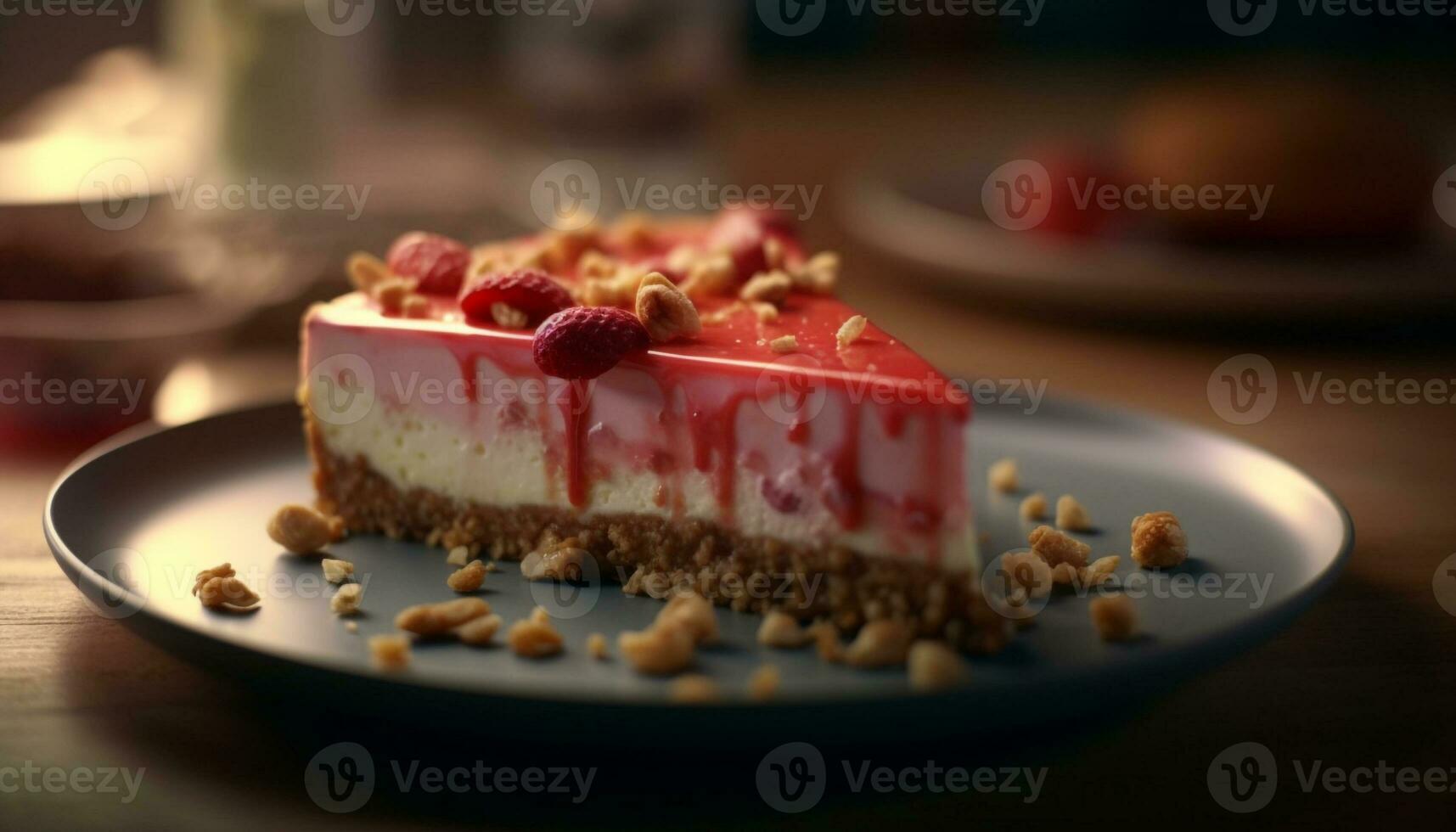 Whipped cream and raspberry cheesecake on plate generated by AI photo