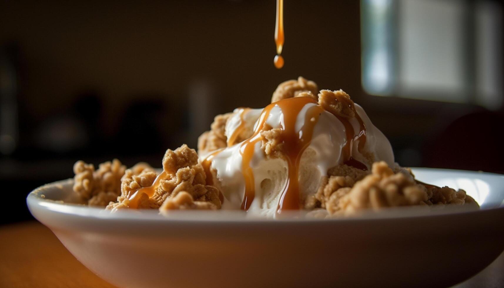 Whipped cream melting on homemade chocolate dessert generated by AI photo