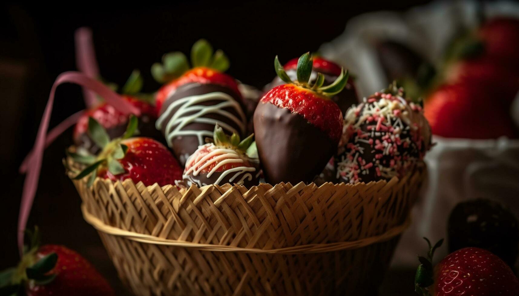 Chocolate dipped berry basket  a sweet indulgence generated by AI photo