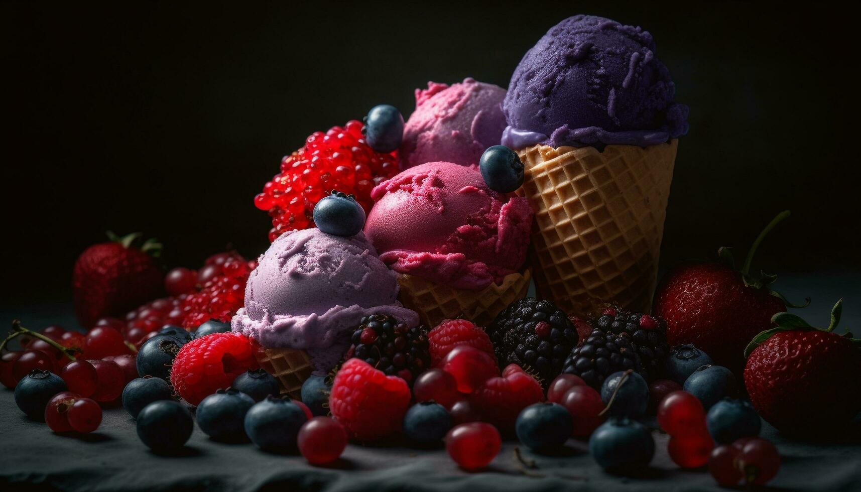 Sweet summer indulgence  gourmet berry ice cream sundae generated by AI photo