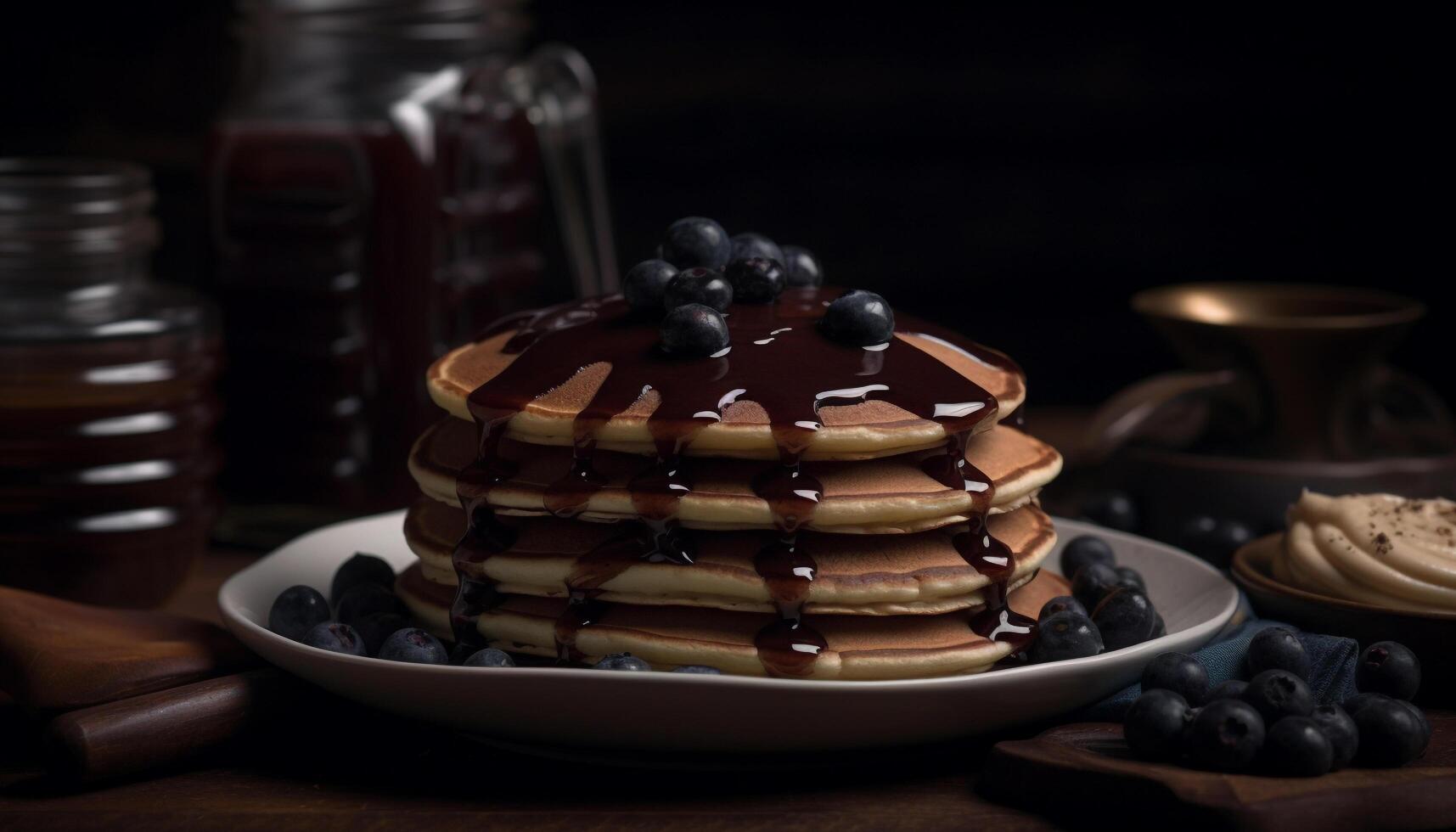 Freshly baked pancakes stacked high with berries generated by AI photo