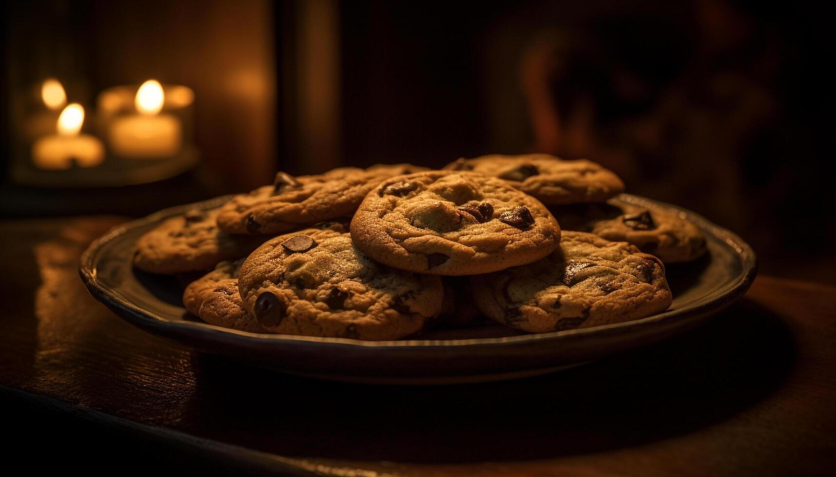 Indulgent homemade chocolate chip cookies on rustic table generated by AI photo