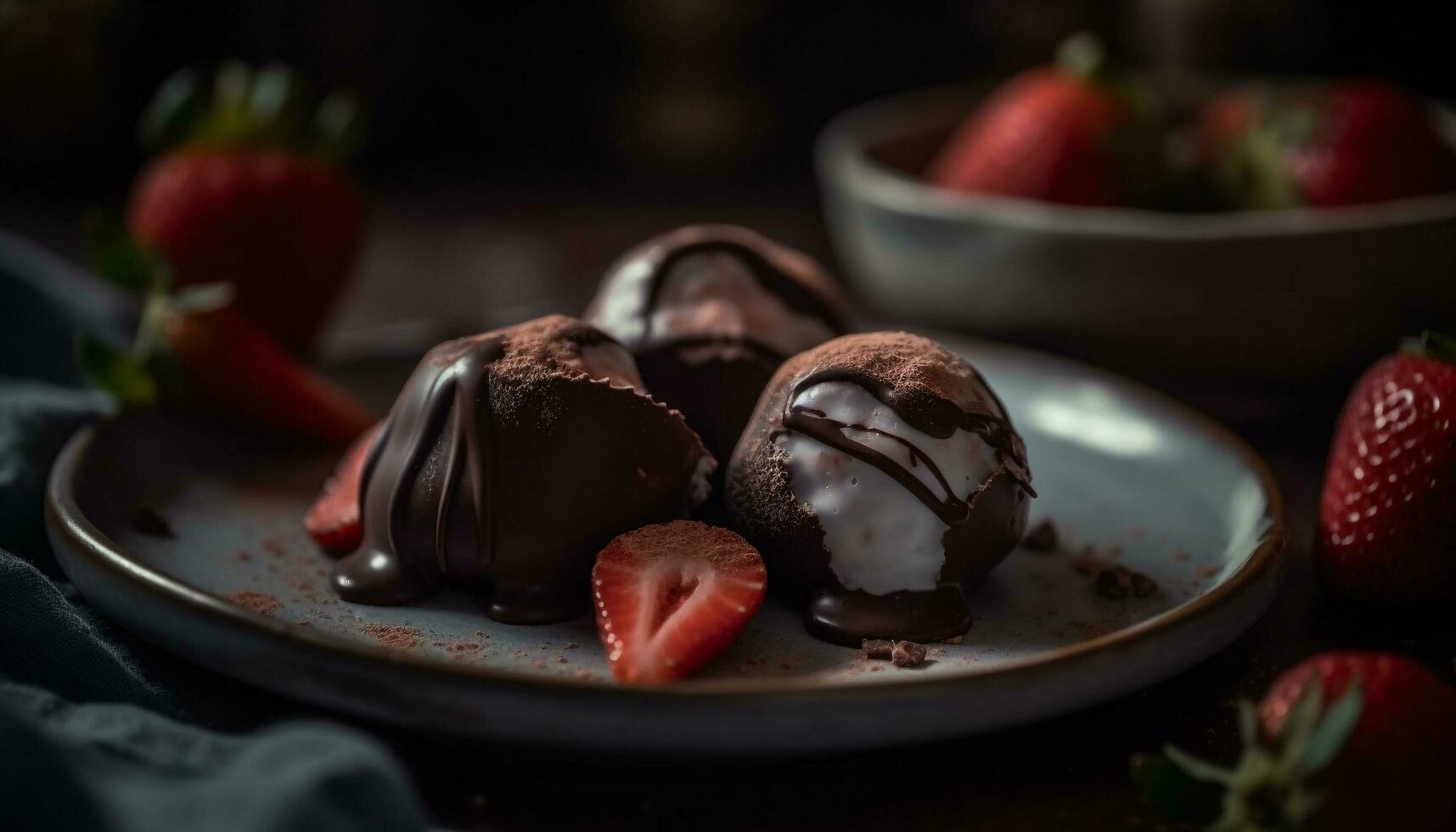 Indulgent homemade dessert  chocolate dipped berry plate generated by AI photo