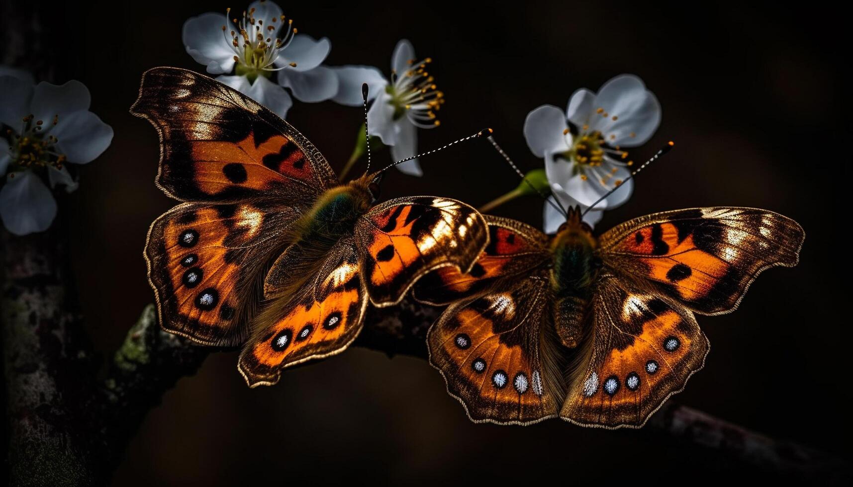 Vibrant butterfly pollinates fragile flower in nature generated by AI photo