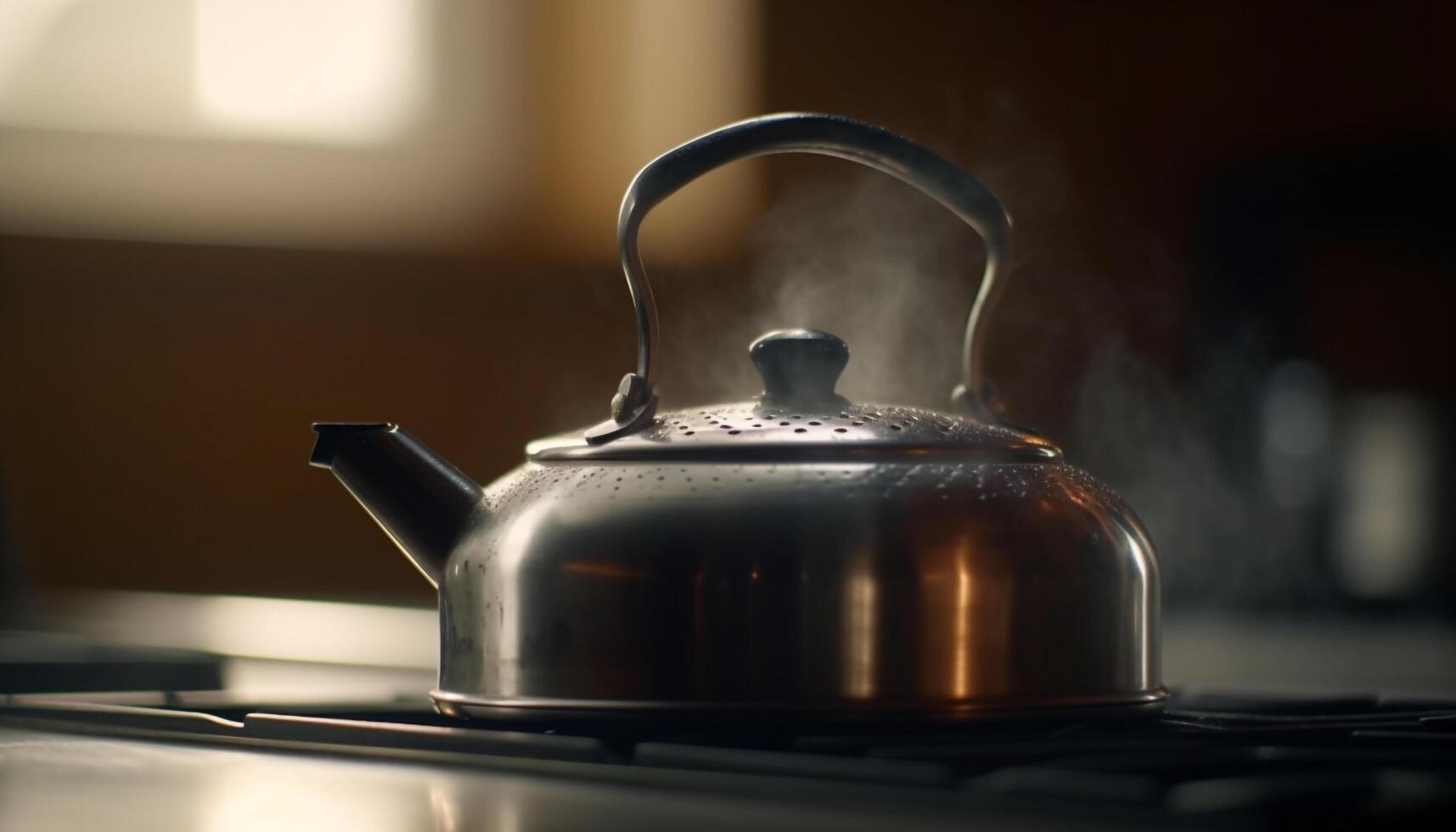 Hot tea steams from antique silver teapot generated by AI photo