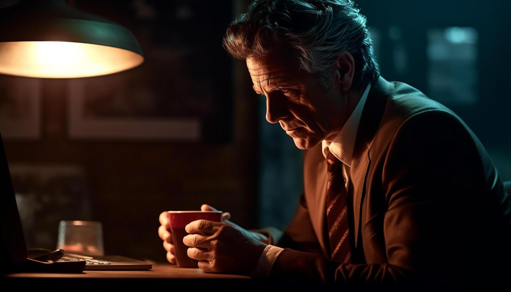 Mature businessman sitting at desk, working late generated by AI photo