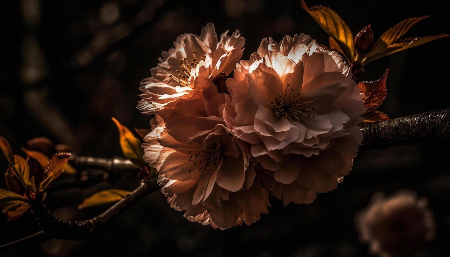 Vibrant pink blossom on green leafy branch generated by AI photo