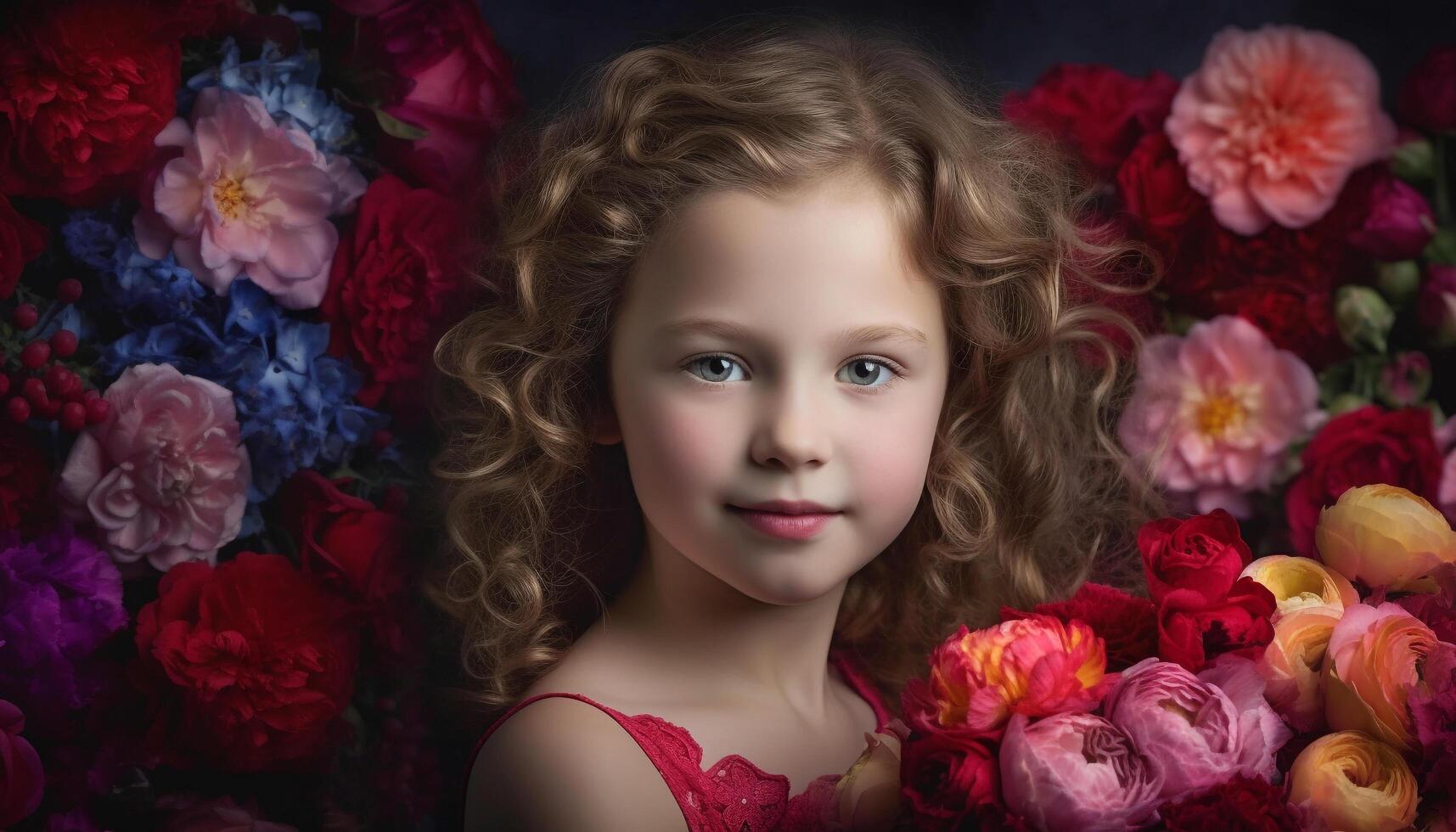 Cute curly haired girl smiling with flower bouquet generated by AI photo