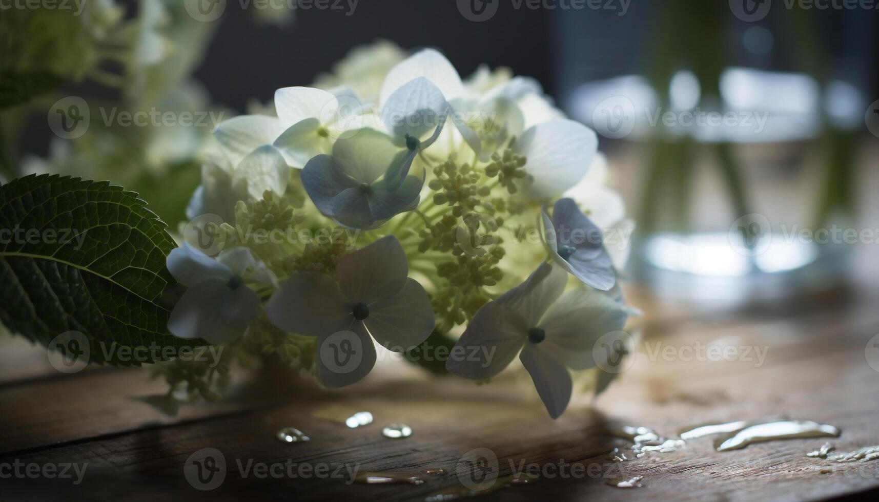 Fresh hydrangea blossom on wooden table centerpiece generated by AI photo