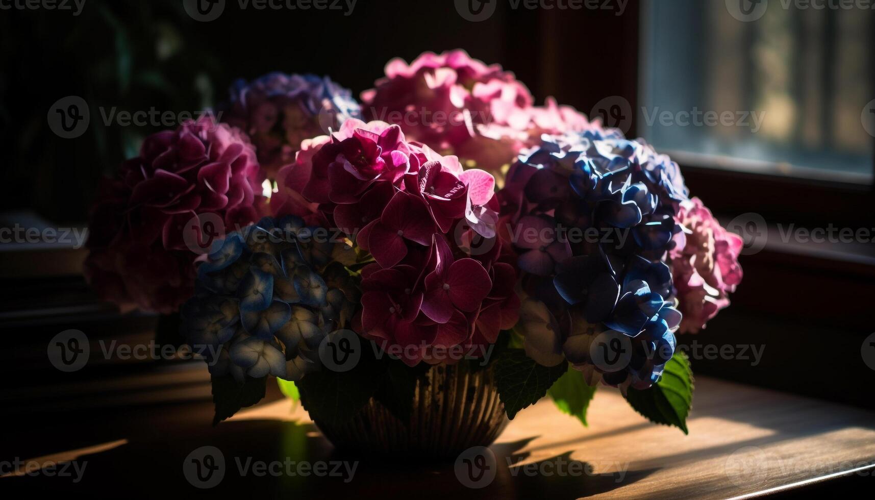 Romantic bouquet of hydrangeas on wooden table generated by AI photo