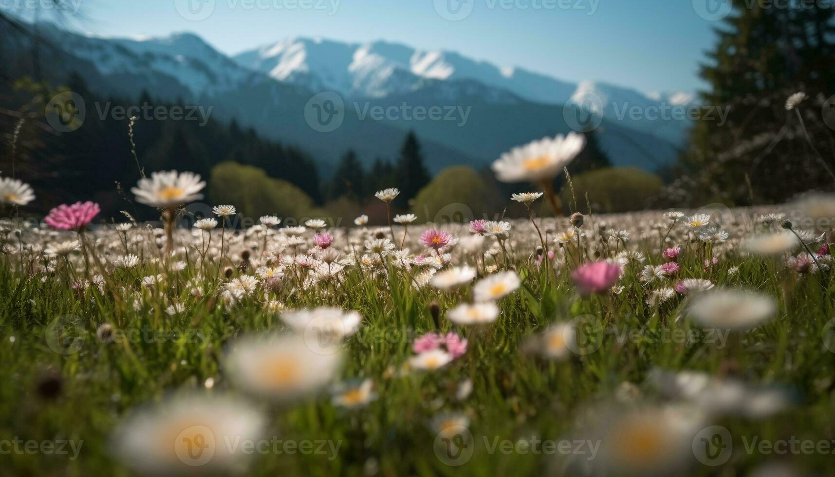 flores silvestres florecer en tranquilo prado, montaña fondo generado por ai foto